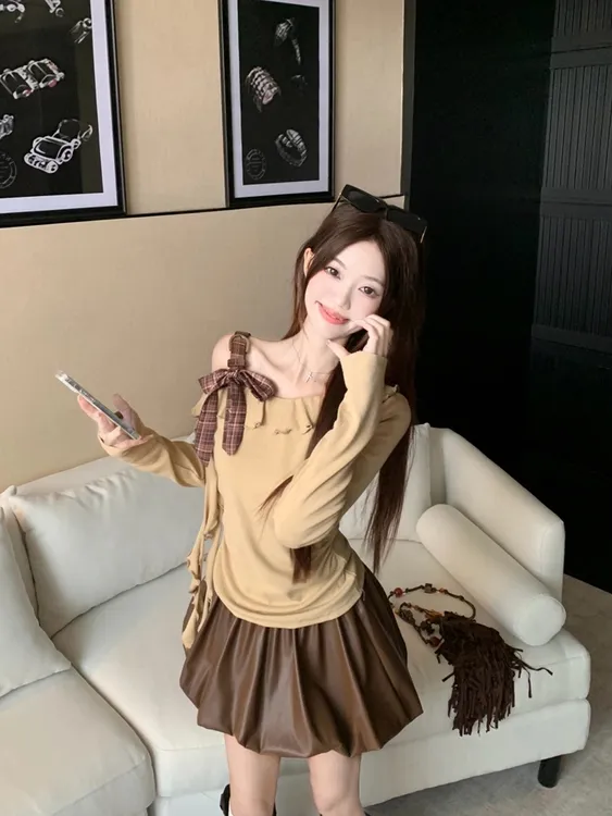 复古格纹蝴蝶结露肩长袖T恤高腰花苞半身皮裙女2025秋季新款套装