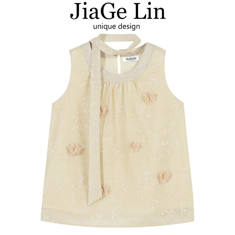 JiaGeLin韩系设计感立体花朵飘带无袖上衣洋气小衫女夏季百搭背心