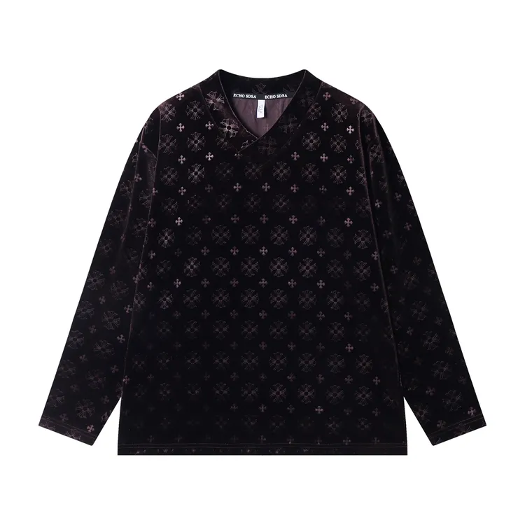 秋冬季新款时尚个性V领绒面满印十字架长袖T恤休闲潮流套头上衣