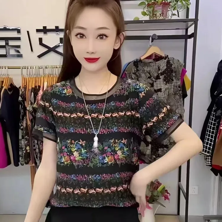 夏季凉爽半袖圆领显瘦洋气休闲百搭宽松印花