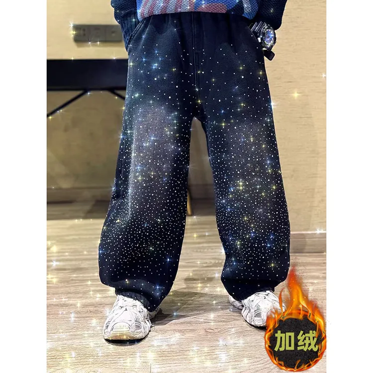 男童冬季韩版彩钻爆闪加绒加厚保暖牛仔裤中大童新年百搭阔腿裤