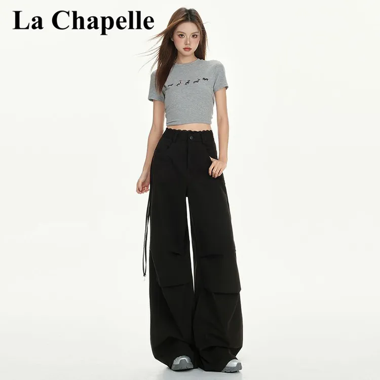 拉夏贝尔2025新款蕾丝花边牛仔休闲裤女夏季高腰时尚气质绑带长裤