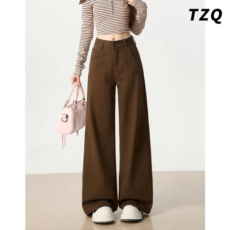 高级感咖色阔腿牛仔裤女款爆款2025秋冬加绒高腰宽松拖地直筒裤子