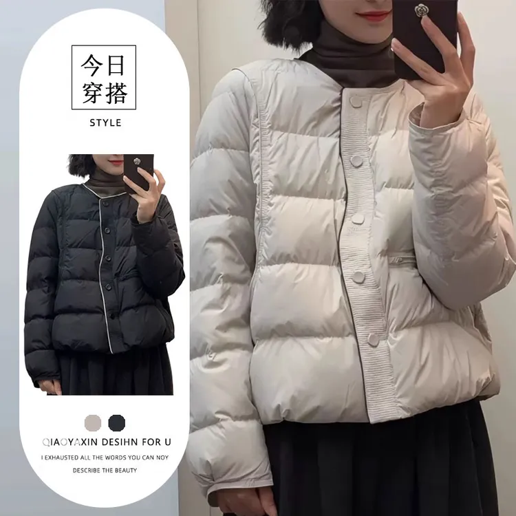 轻薄短款简约棉服女2025今年冬季新款时尚圆领宽松保暖棉袄短外套
