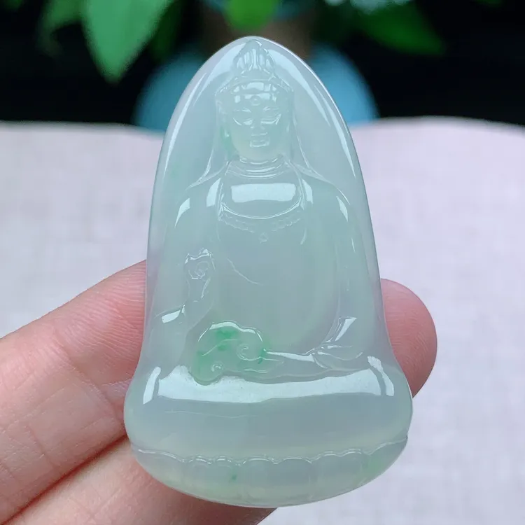 y缅甸天然翡翠A货49.2-29.3-5.2玉石老坑冰种飘绿素衣观音吊坠