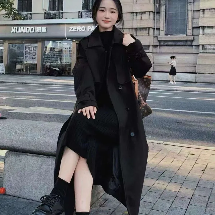 黑色风衣显瘦时尚气质百搭过膝修身加棉中长款外套高级感2025新款