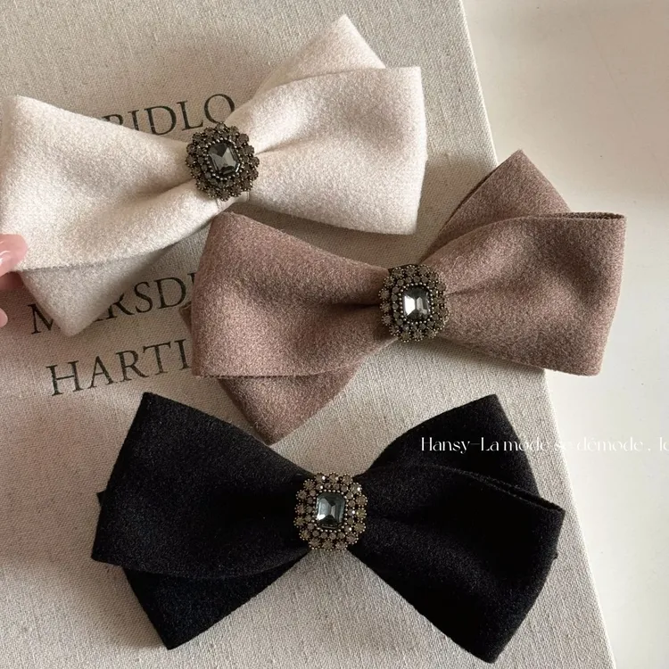 气质灰水钻毛呢蝴蝶结发夹高级感顶夹脑勺弹簧夹韩版发饰头饰