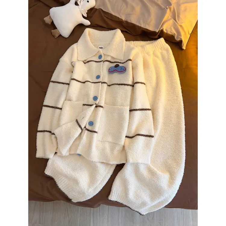 韩系可爱酷猫慵懒风针织半边绒睡衣女冬季套装保暖家居服可外穿