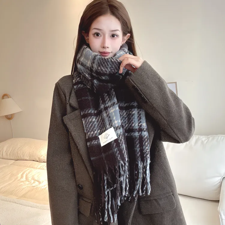 高级感灰蓝条纹围巾女韩系氛围感百搭围脖复古蓝格子披肩男保暖冬