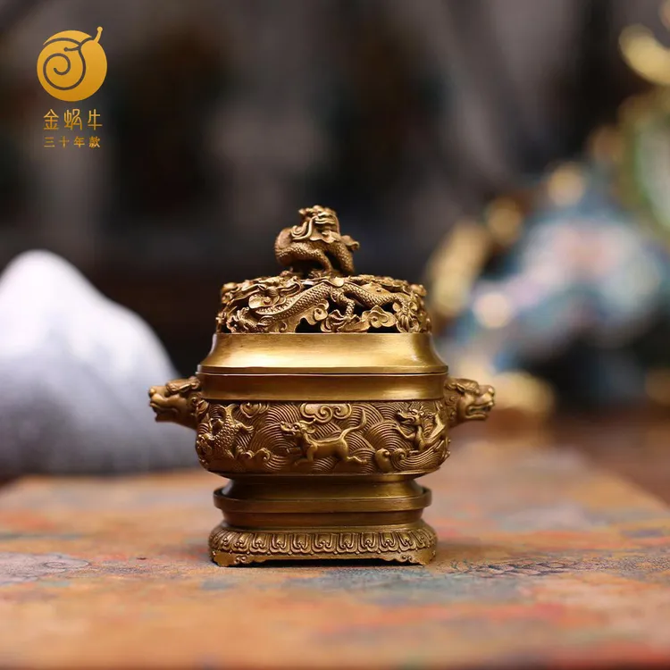 金蜗牛6#带盖海水瑞兽方炉黄铜国风居家玄关办公室书房礼品摆件商品图