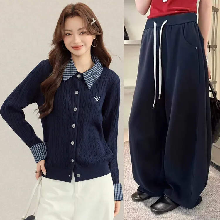 秋冬学院风假两件格子拼接翻领针织刺绣开衫女毛衣外套阔腿裤套装