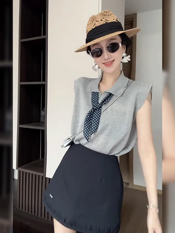 韩版气质休闲减龄翻领丝巾无袖T恤藏蓝色半身裙套装女夏2025新款