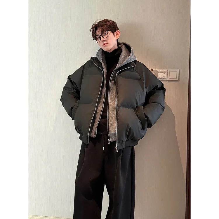 HN潮牌-【现货假两件】冬季连帽PU皮双拉链加厚棉服男宽松保暖棉衣