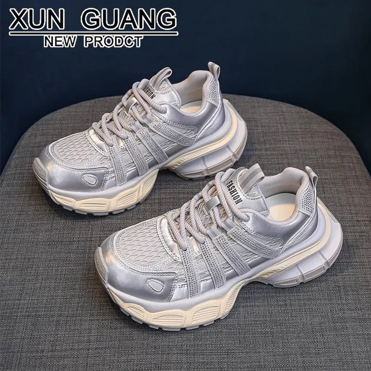 真皮厚底老爹鞋女款2025秋季新款夏季网面透气百搭增高运动休闲女