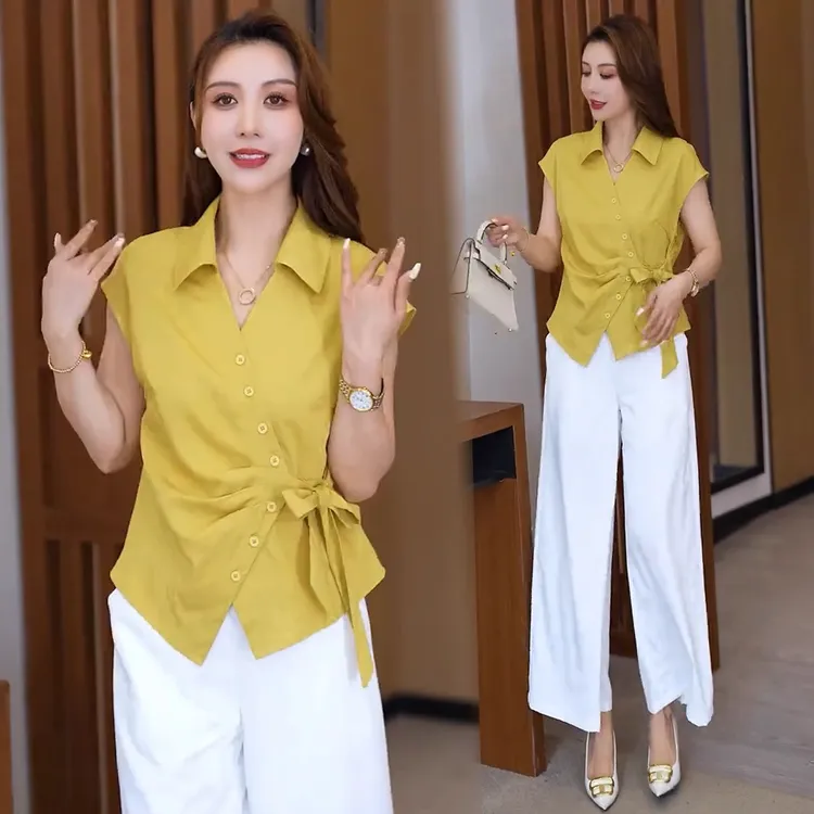 拉夏贝尔短袖衬衫女夏季2025款时尚洋气百搭小个子不规则收腰上衣