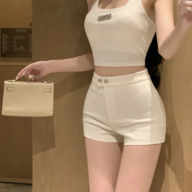韩版时尚性感辣妹包臀裤白色a字热裤休闲裤高腰弹力紧身短裤子女