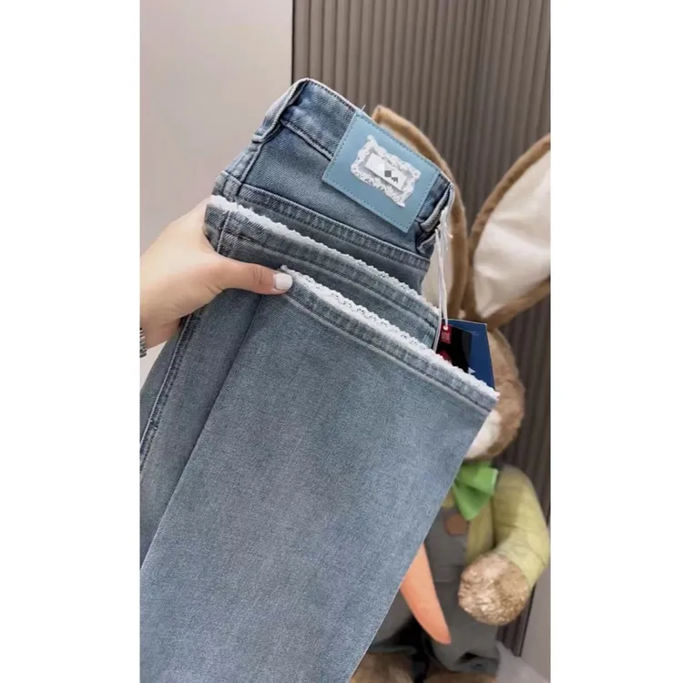 春季高腰显瘦大码阔腿裤宽松时尚潮流花边脚口直筒裤