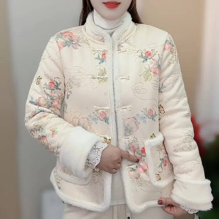新款冬装复古时尚三层加厚保暖棉衣印花小花袄立领中国风棉服