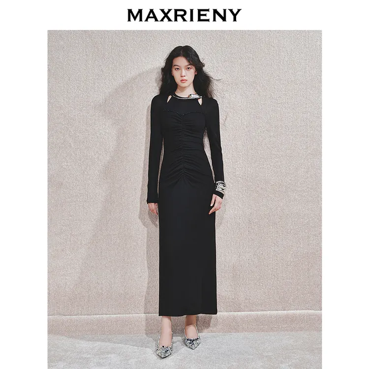 【冬日逸境-商场同款】MAXRIENY水晶织带浪漫精致连衣裙小黑裙