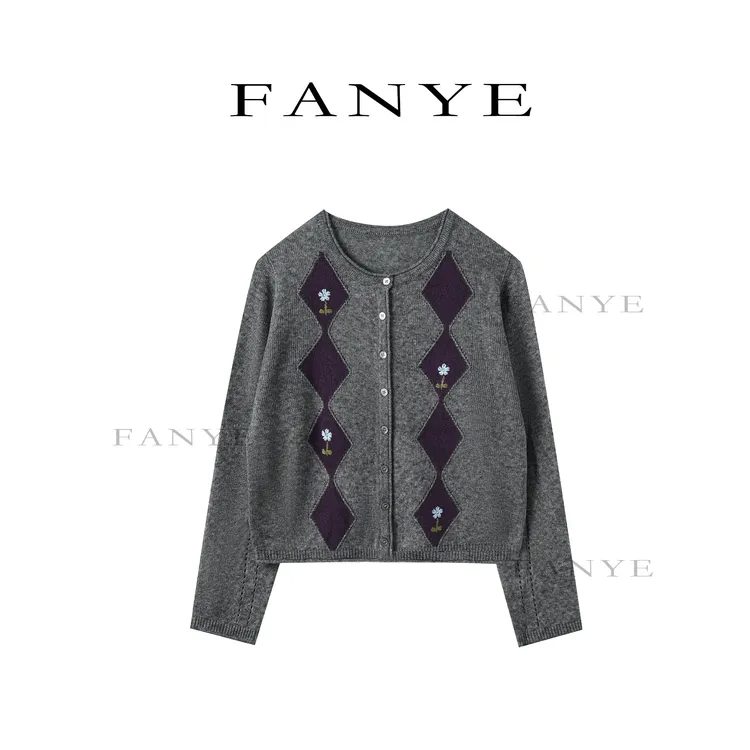 FANYE 2025冬季新款对称拼色菱形格针织开衫83276