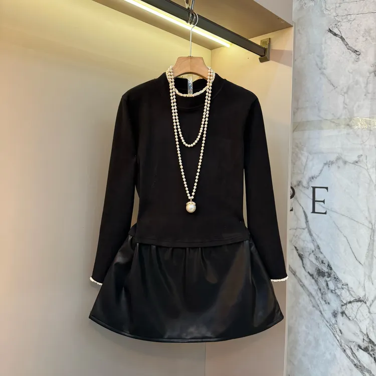 2025新款欧货时尚假两件皮裙法式微胖宽松气质显瘦大码连衣裙1519