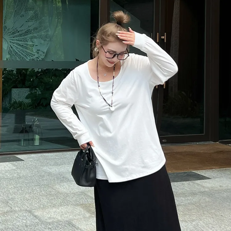 媛子大码纯色百搭简约T恤秋季韩版宽松慵懒风胖mm显瘦圆领长袖