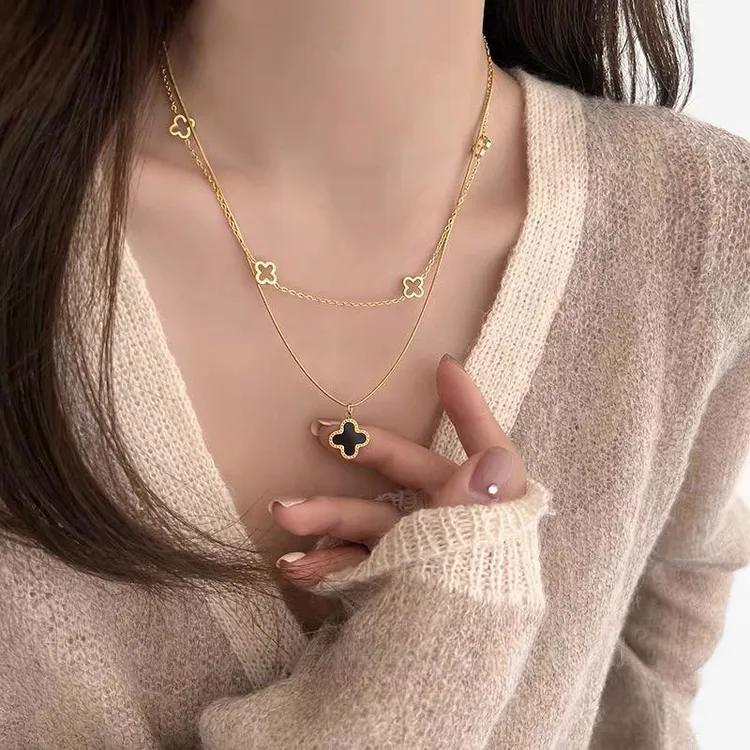 锌合金项链 简约气质双层叠戴四叶草项链女2025年新款爆款高级感