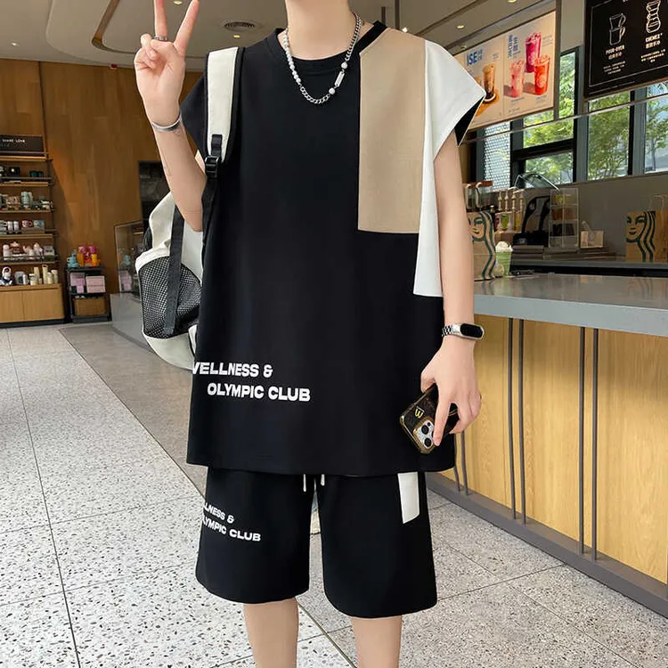 夏季新款男士休闲运动套装韩版潮流百搭宽松圆领帅气两件套青少年