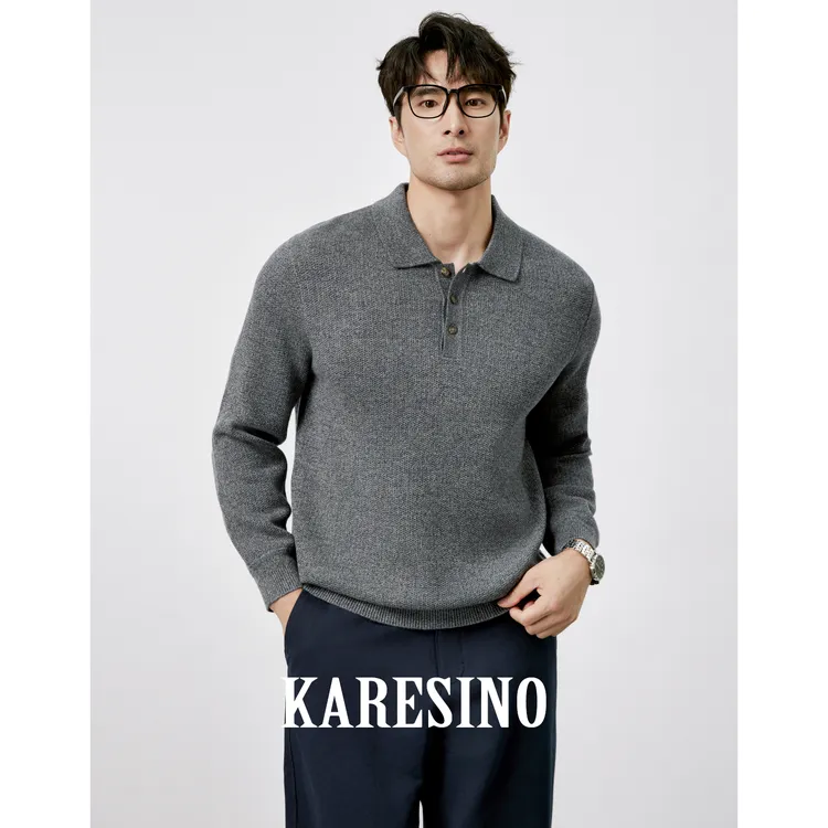 KARESINO冬季重磅厚款可机洗羊毛 男士保暖翻领针织毛衣男羊毛衫