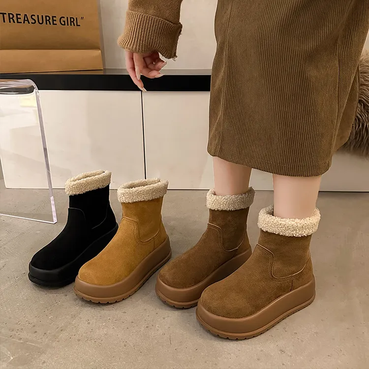 【万达撤柜】圆头复古厚底雪地靴2025冬季新款增高保暖棉靴勃肯短靴