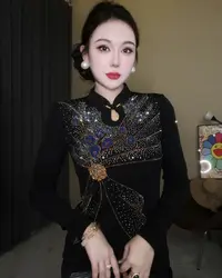 多彩国风女打底衫2025秋冬新款时尚烫钻上衣修身显瘦长袖T恤潮