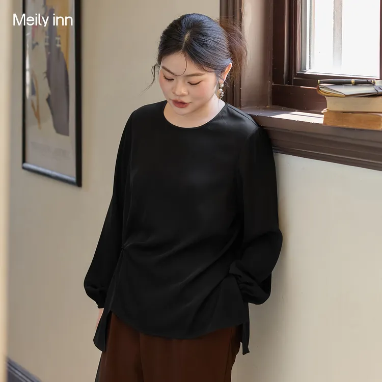 【缎面醋酸混纺】美丽客栈2025秋季大码女装优雅简约纯色圆领上衣