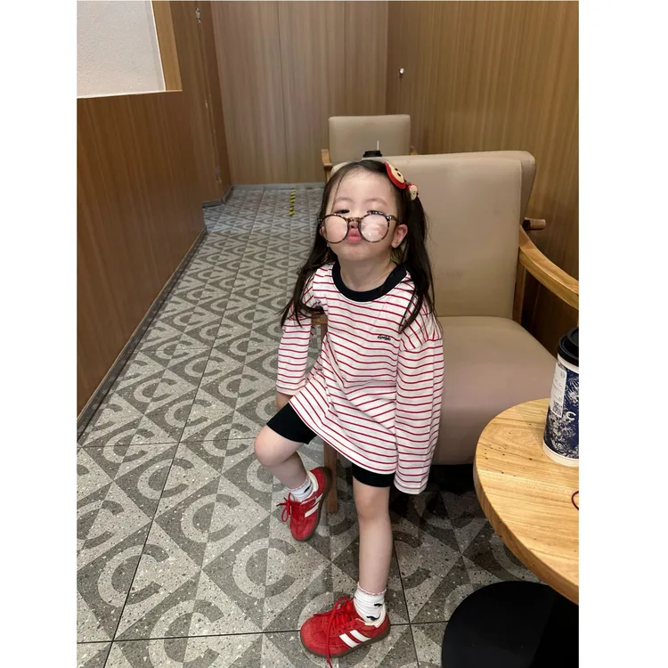 壹妈韩版童装女童秋装套装洋气儿童条纹t恤长袖上衣黑色打底短裤