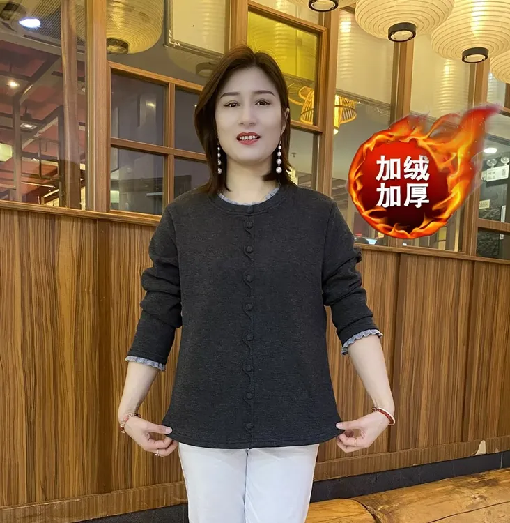 冬季新款加绒加厚中长款中老年女装法式休闲风圆领时尚上衣