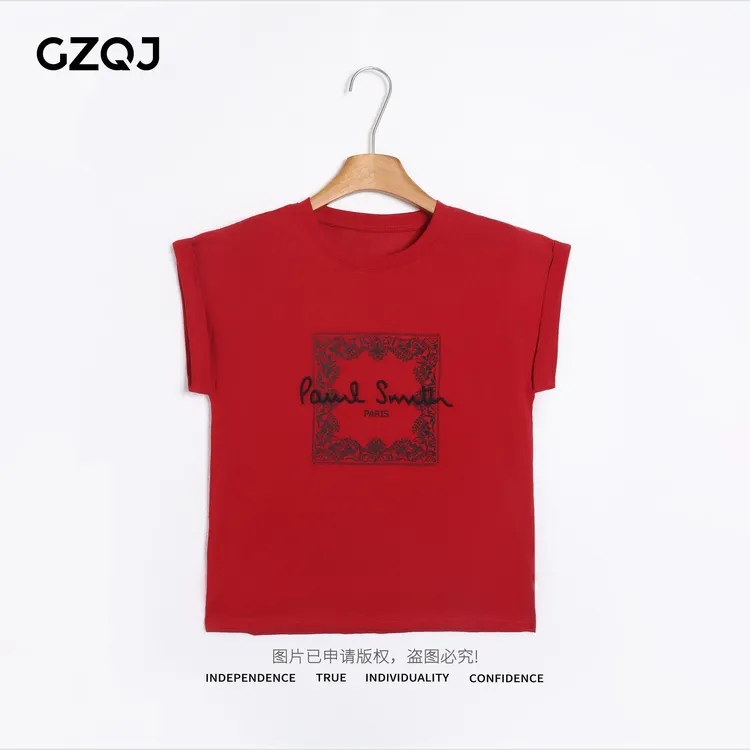 老琴私服【时尚巴黎】欧若风设计感休闲显瘦印花卷边短袖T恤女7672