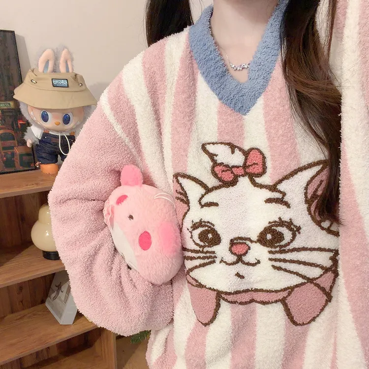 粉条玛丽猫睡衣女生半边绒秋冬季长袖长裤韩版甜美保暖家居服套装