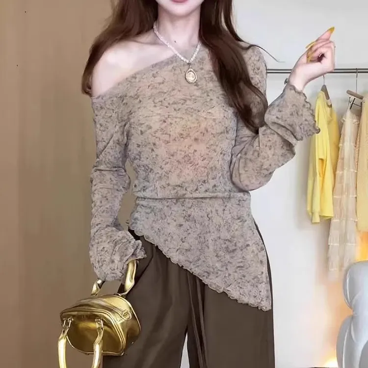 设计感不规则斜领长袖T恤女秋季新款胖MM大码女装独特超好看上衣