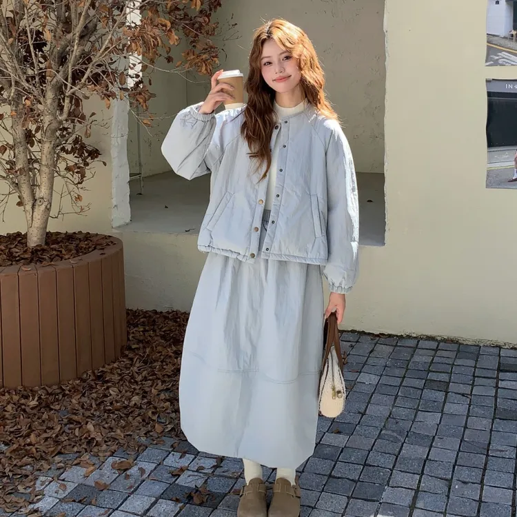 蓝色知性轻暖棉服上衣套装裙2025年秋冬新款保暖加厚半身裙两件套