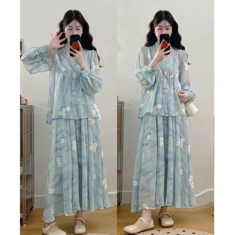 大码春季新款法式胖MM时尚百搭休闲慵懒风蓝色衬衫半身裙两件套女