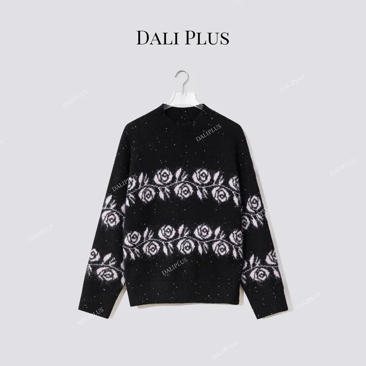 DALI PLUS“玫瑰毛衣”羊毛混纺半高领闪闪针织衫-D5MM3347