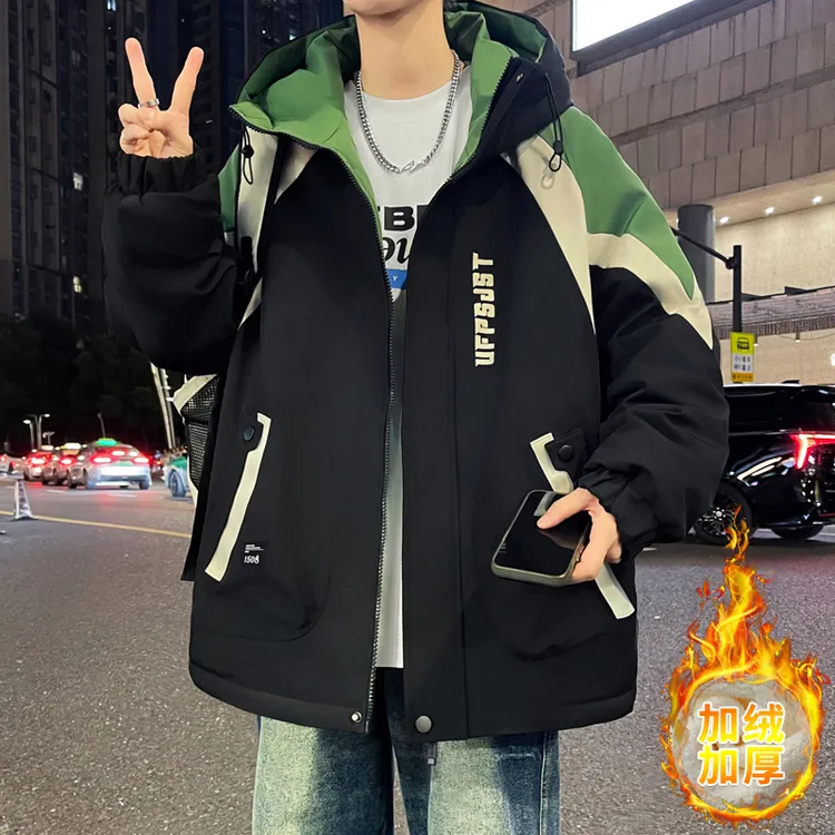 加绒加厚男士棉衣外套秋冬青少年学生港风连帽冲锋衣夹克保暖棉服