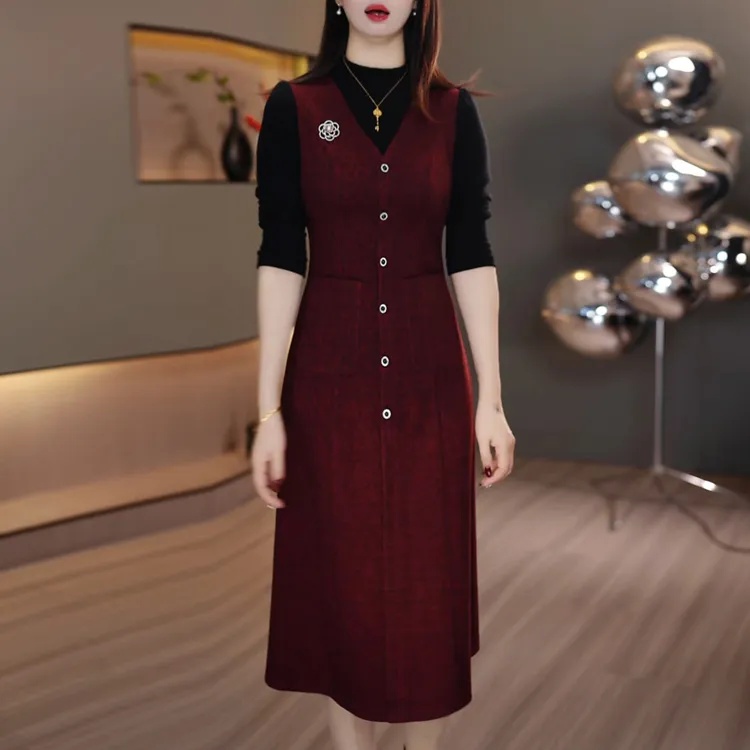 加厚磨毛精纺假两件连衣裙2025冬季新款时尚气质显瘦优雅打底裙子