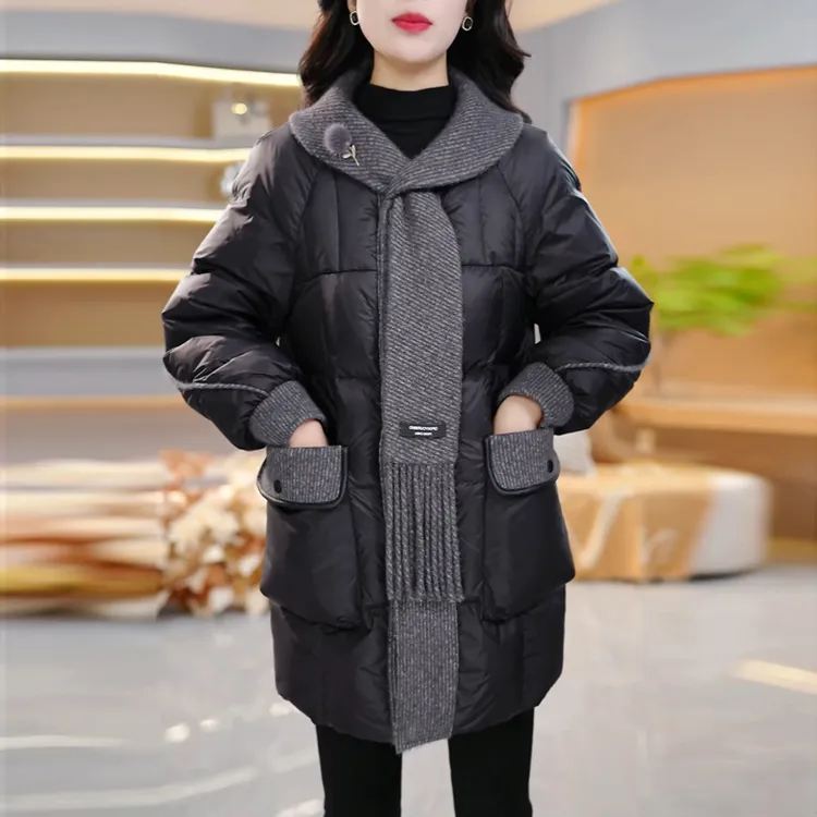 黑色围巾领羽绒服外套女2025冬季新款时尚遮肚子加厚保暖显瘦大衣