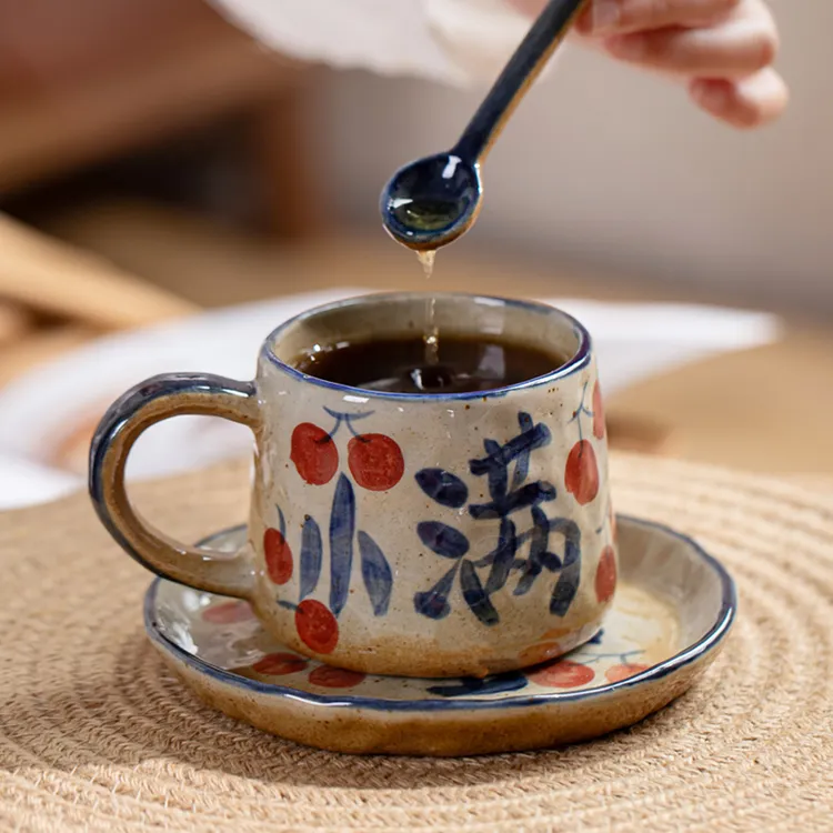 景德镇陶瓷手作咖啡杯釉下彩手绘杯子带杯垫马克杯复古粗陶早餐杯