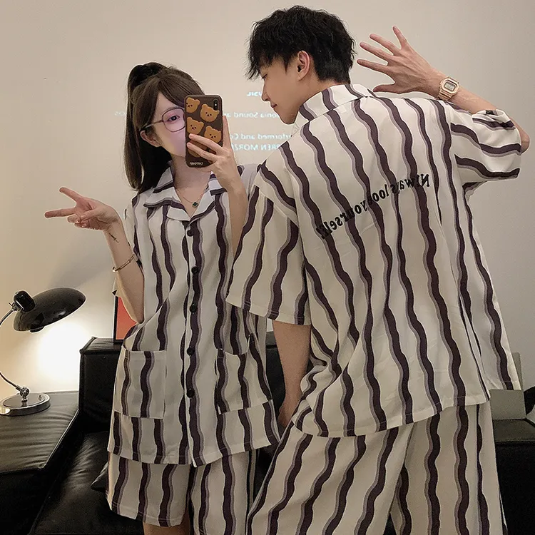 短裤夏季青年短袖睡衣家居服套装家居服情侣装ins薄款条纹