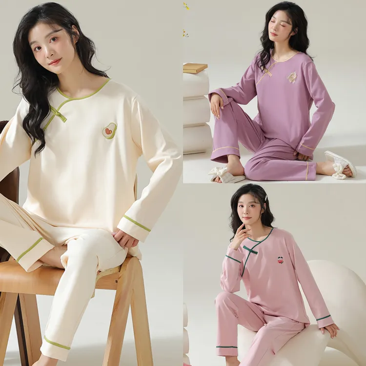 睡衣女士春秋季圆领长袖纯棉大码舒适外穿简约国风少女家居服睡衣