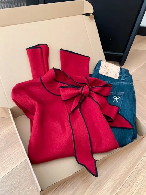 小香风蝴蝶结系带设计感针织衫女秋冬氛围感穿搭修身气质时尚上衣