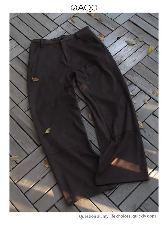 QAQO麂皮绒撞钉伐木工装裤高级垂感复古显瘦宽松休闲直筒长裤