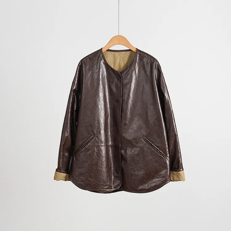 英国进口油蜡绵羊皮复古双面双穿廓形女士真皮皮衣外套（251975）
