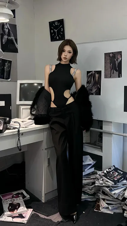 2025秋冬新款欧美风辣妹性感镂空挂脖连体衣配显瘦休闲裤两件套女